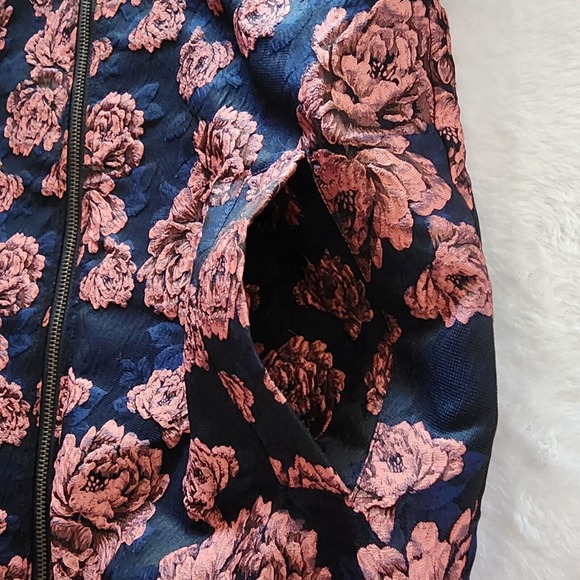 XS Frank and Oak Jacquard Floral Bomber Jacket Pink Navy Blue Embroidered Roses - Picture 7 of 10
